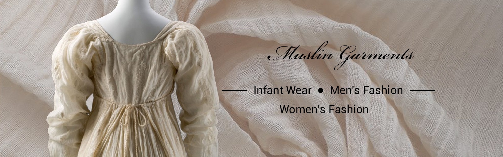 A collection of beautifully crafted muslin garments displayed showcasing a variety of styles including dresses, shirts, and baby clothes.